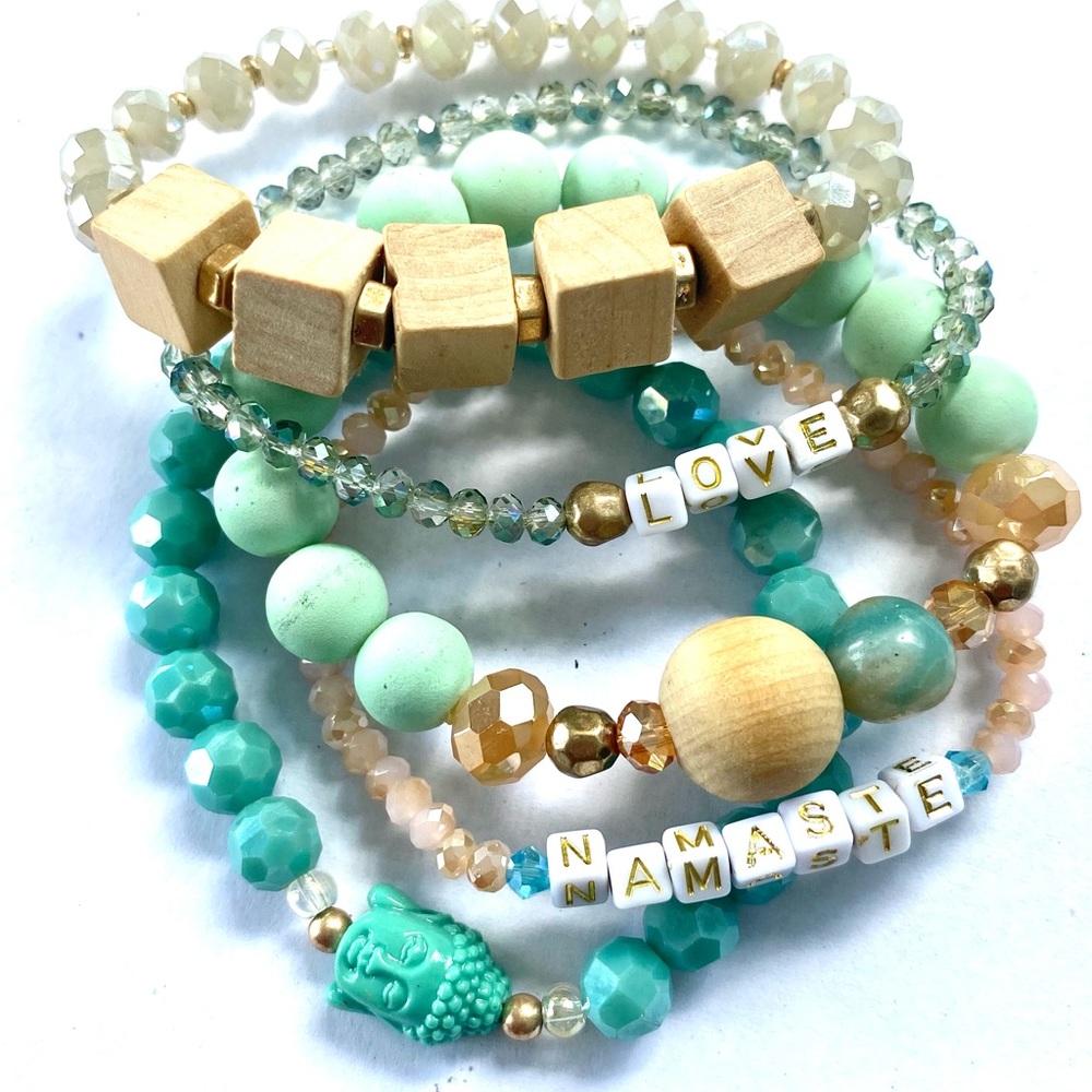 Buddha mint wood words 5 set bracelet stretch Turkish yoga stack spiritual